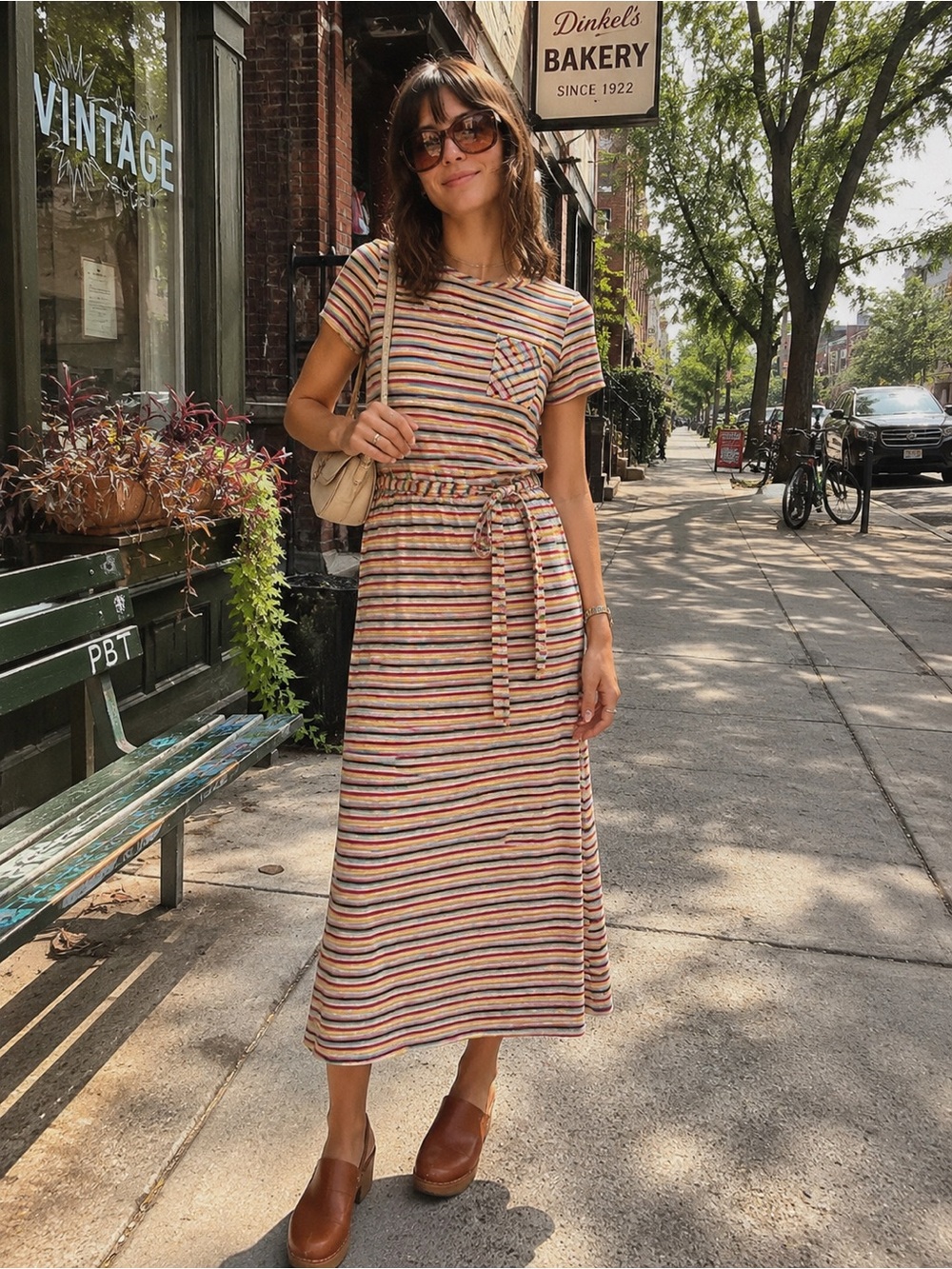 Vtg 70s Leslie J Rainbow Striped Jersey Knit Maxi Dress S M Retro